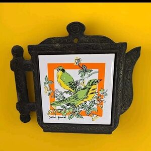 Vintage Cathay Tile Goldfinch Cast Iron Trivet Green Gold Orange 1970's